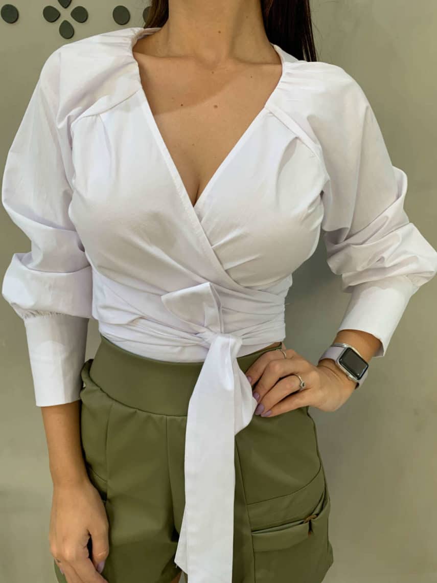 Cropped Transpassado Manga Longa Bufante Branco Lavinny Store