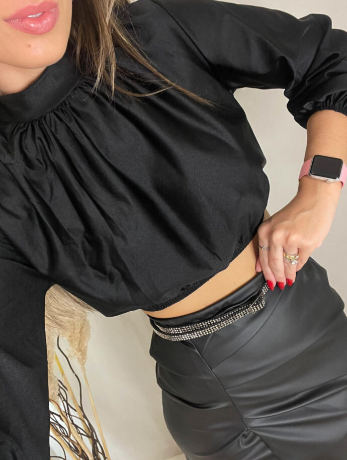 Cropped Cirre Gola Alta Manga Longa Bufante Preto Lavinny Store