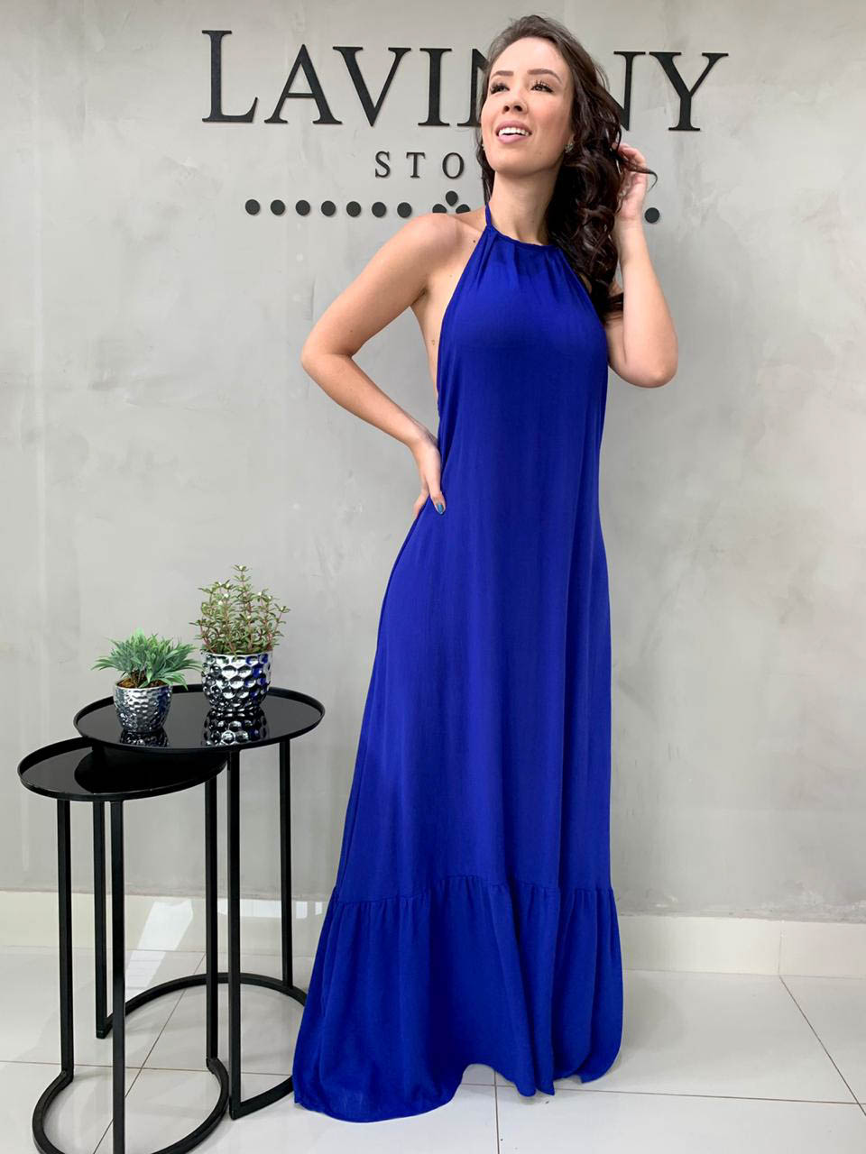 Vestido Longo Decote V com Tule Azul Bic - Victorias Fashion Store