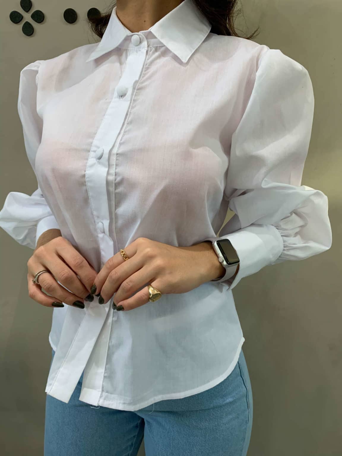 Camisa botões manga longa bufante punho branca – Lavinny Store