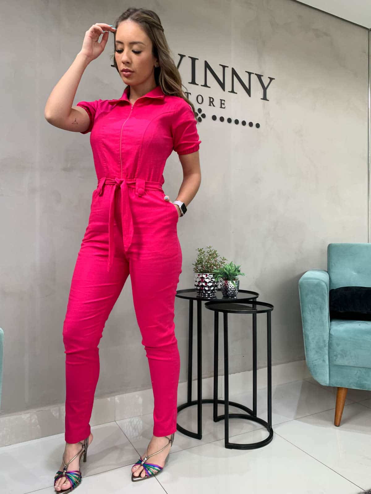 tone highway Fantastic Macacão longo linho manguinha zíper botões pink – Lavinny Store