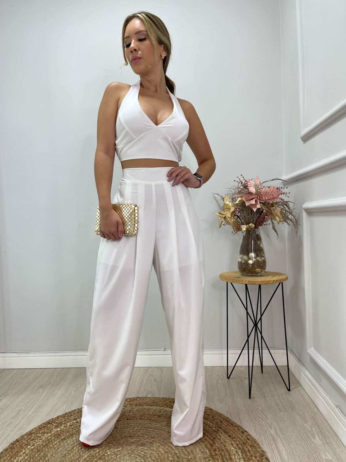 cropped frente e calça leg elástico branco – Lavinny Store