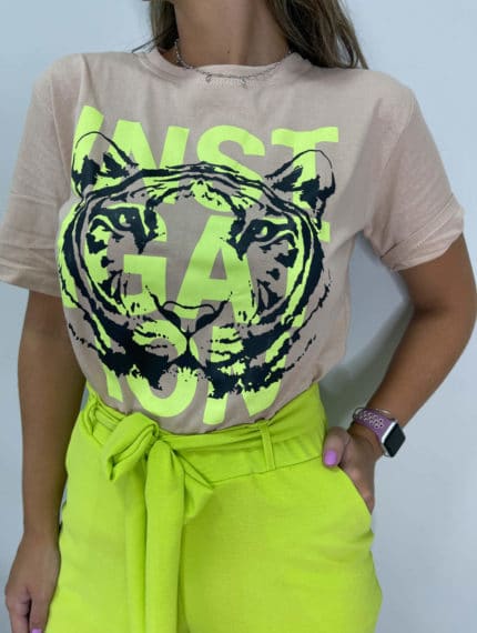 T-shirt manguinha estampada tigre neon nude – Lavinny Store