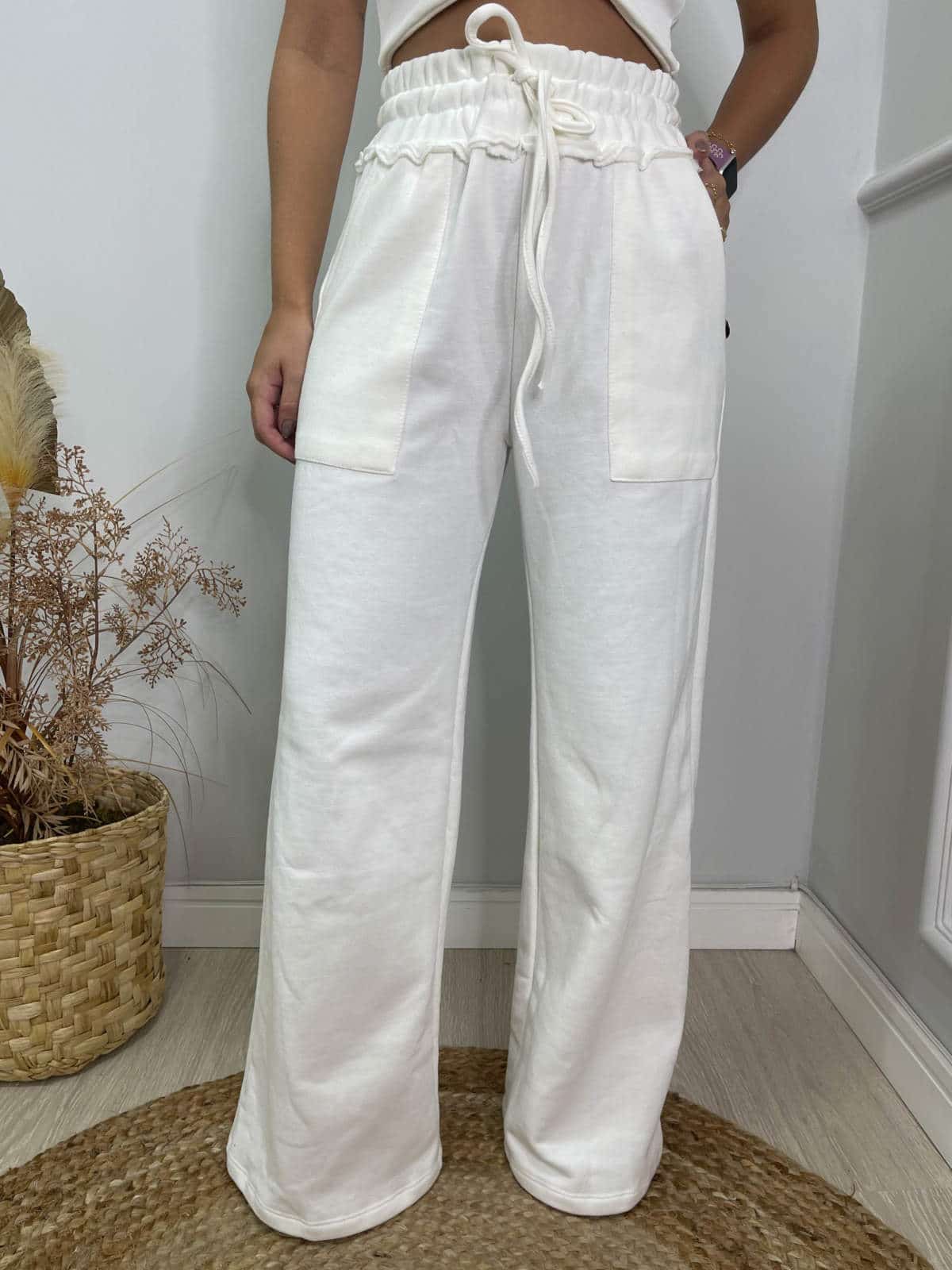 Calça wide leg pantalona moletom elástico off white – Lavinny Store