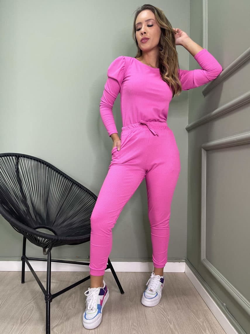 lavinnystore conjunto canelado blusa manga longa e calca jogger pink