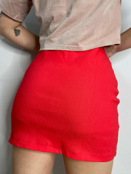 VERMELHO XADREZ Short Saia Bengaline Cintura Alta Com Zíper