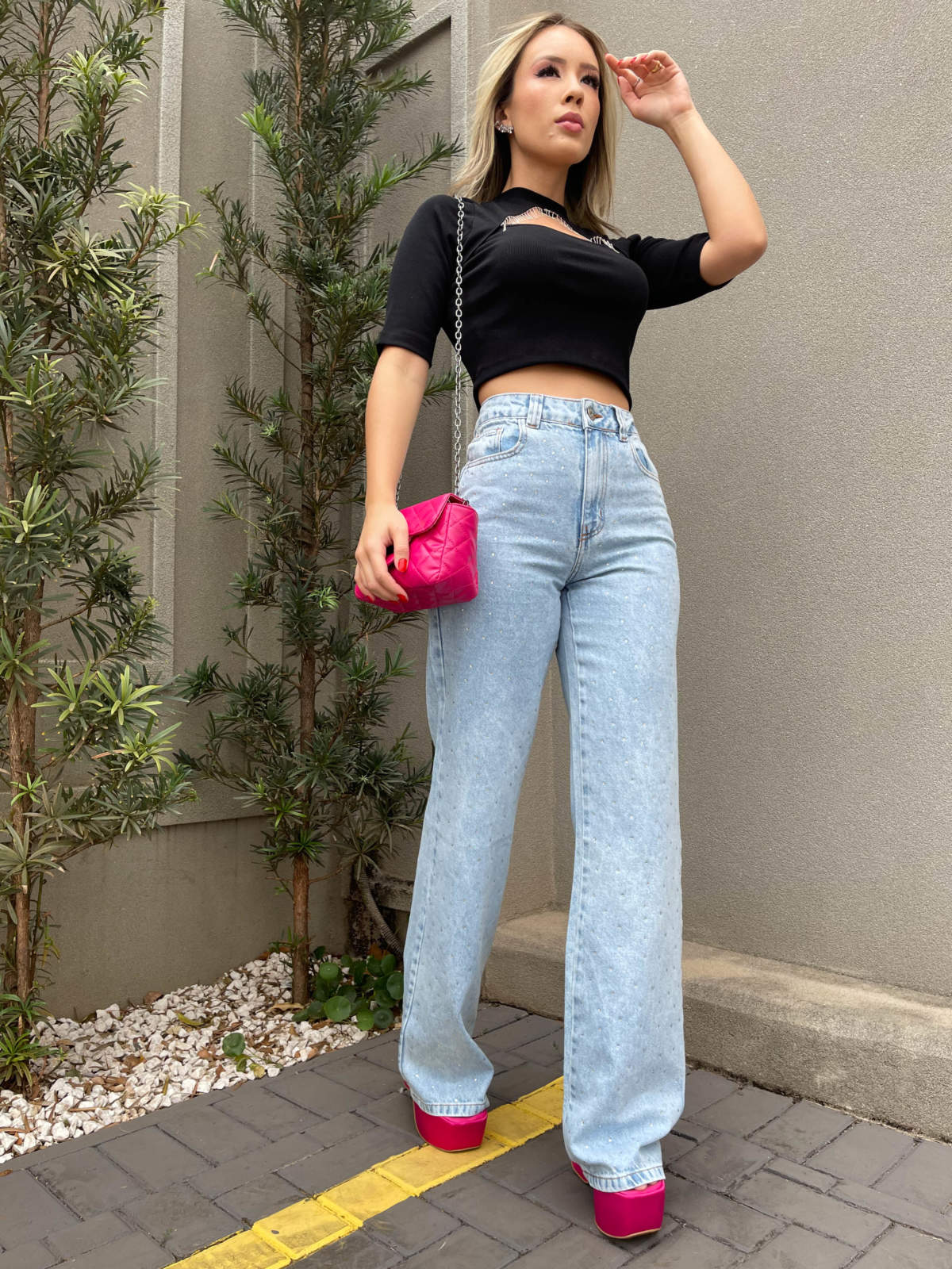Calça jeans pantalona strass nexo – Lavinny Store