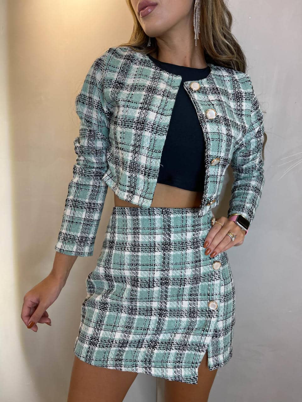 Conjunto Feminino com Estampa Xadrez Cropped Curta com Manga Longa com Saia  Moda Inverno Macia