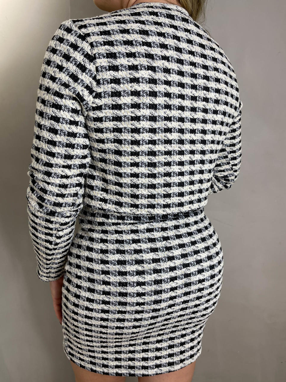 Conjunto mia tweed cropped casaco manga longa botões e saia curta botões  xadrez verde menta – Lavinny Store