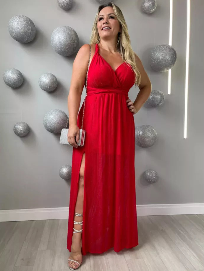 Vestido longo multiformas fenda lurex vermelho - Lavinny Store