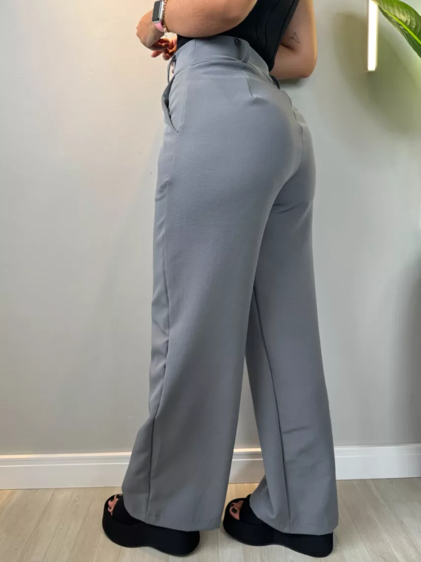 Calça pantalona alfaiataria botão cinza - Lavinny Store