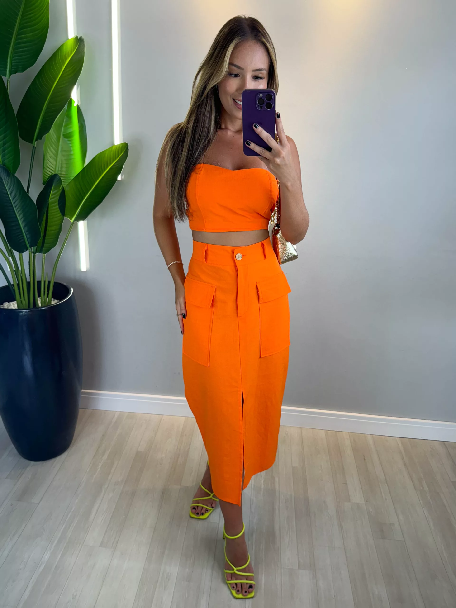 Conjunto cropped alcinha e calça pantalona vazada laranja – Lavinny Store