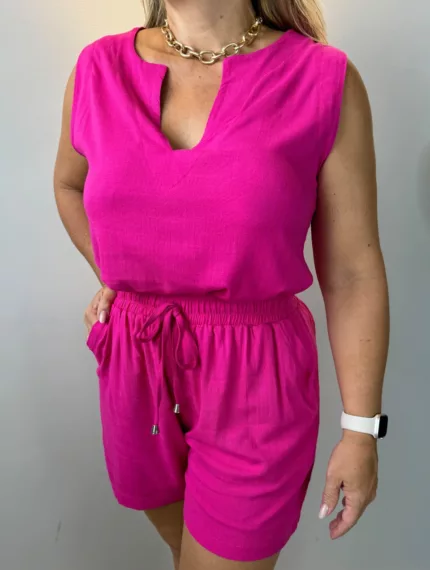 Conjunto blusa regata decote v e short elástico bolsos cordão fake pink - Lavinny Store