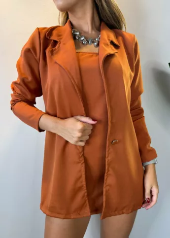 Conjunto blazer e macaquinho tomara que caia bolsos marrom - Lavinny Store