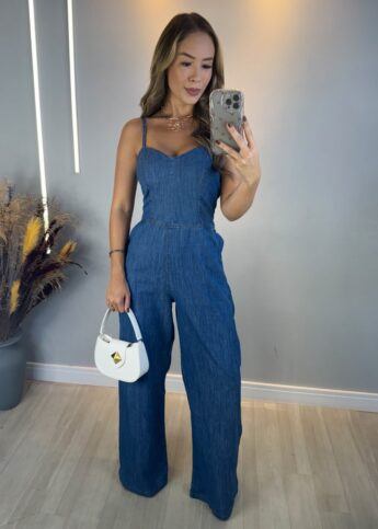 Macacão jeans denim wide leg alcinha decote coração lastex vincos - Lavinny Store