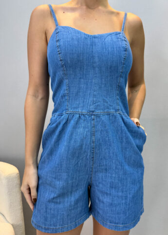 Macaquinho denim jeans médio vincos pespontado alcinha decote coração lastex - Lavinny Store