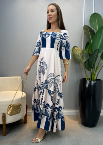Vestido midi manguinha decote reto lastex estampado floral colors off white & azul marinho - Lavinny Store