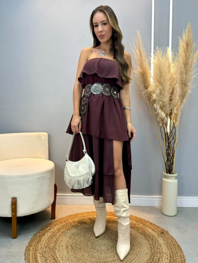 Vestido midi chiffon sem alça babados três marias cordão amarração marrom café - Lavinny Store