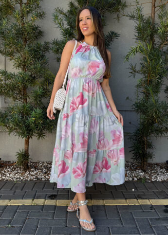 Vestido midi crepe cinto faixa amarração babados camadas estampado folhagem floral verde colors - Lavinny Store