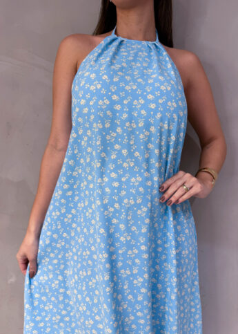 Vestido longo frente única amarração babado estampa floral azul céu - Lavinny Store
