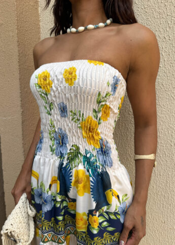 Vestido longo sem alça lastex estampado babados floral amarelo claro - Lavinny Store